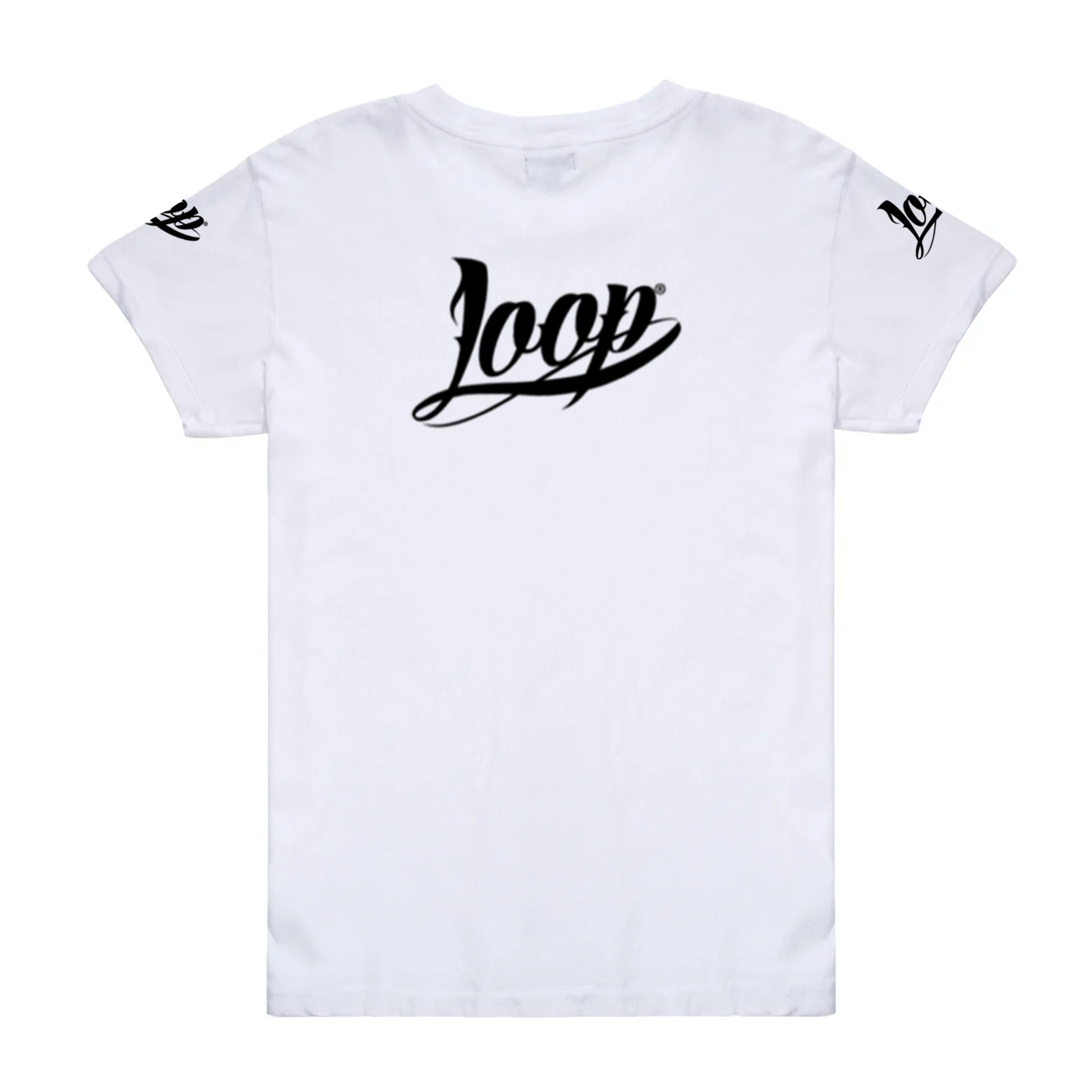 Graffiti spray paint brand Loop Colors white women's t shirt back design