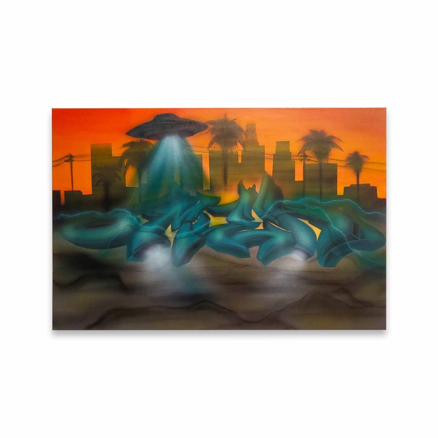 Artistic painting of graffiti style letters with a UFO over a cityscape at sunset.