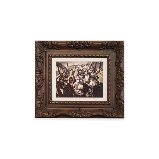 Decorative brown frame with a vintage-style photo.