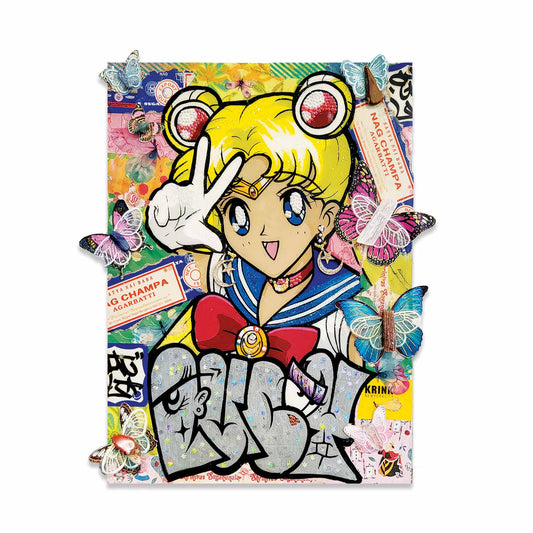 Colorful illustration of Sailor Moon surrounded by butterflies and collage background with graffiti style letters reading 'LUCY' in silver with glitter
