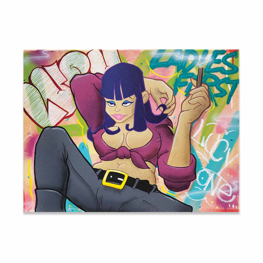 Cartoon style painting of a woman with purple hair and a colorful graffiti style background.