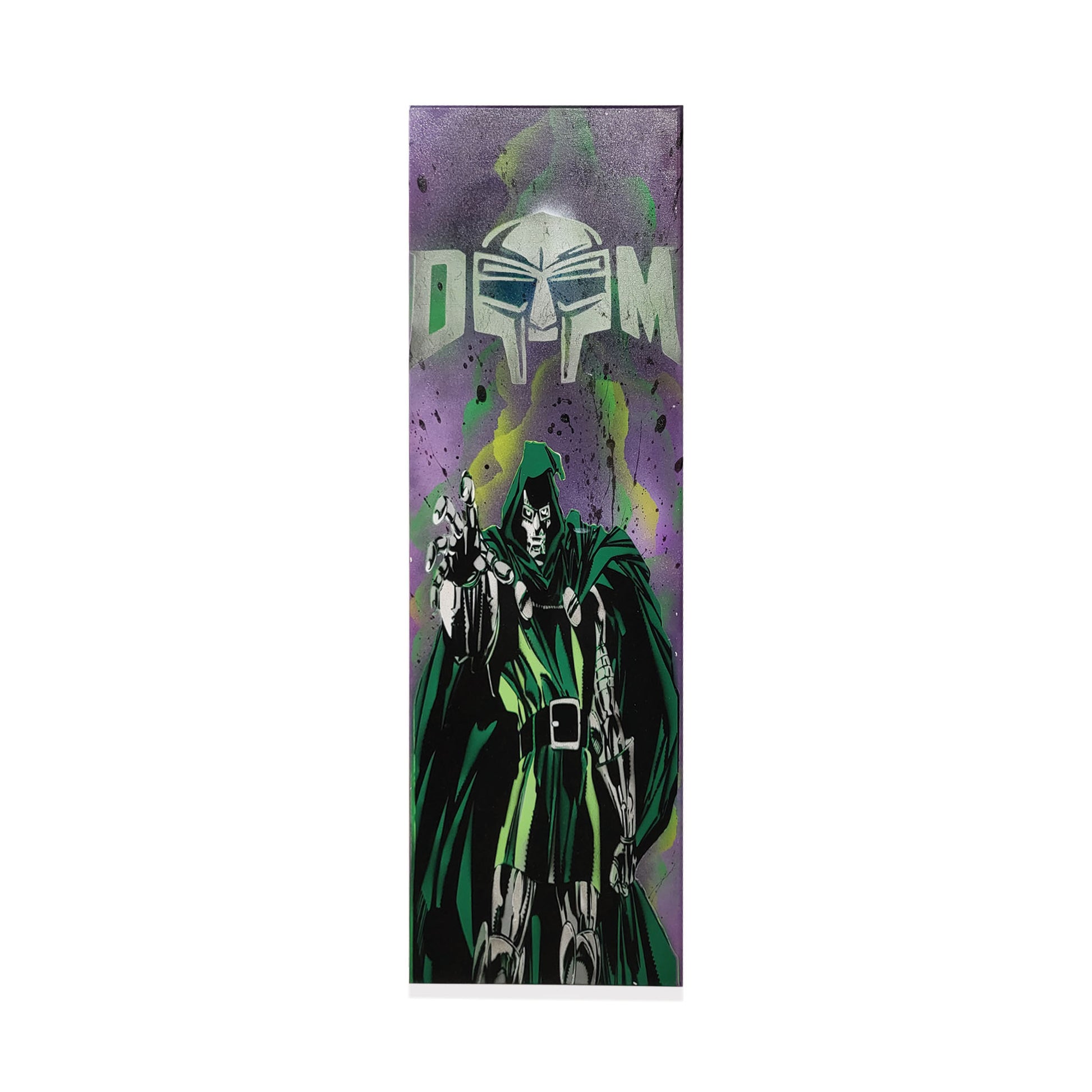 Comic book style of character MF Doom in a green and black costume with 'DOOM' text on a purple background.