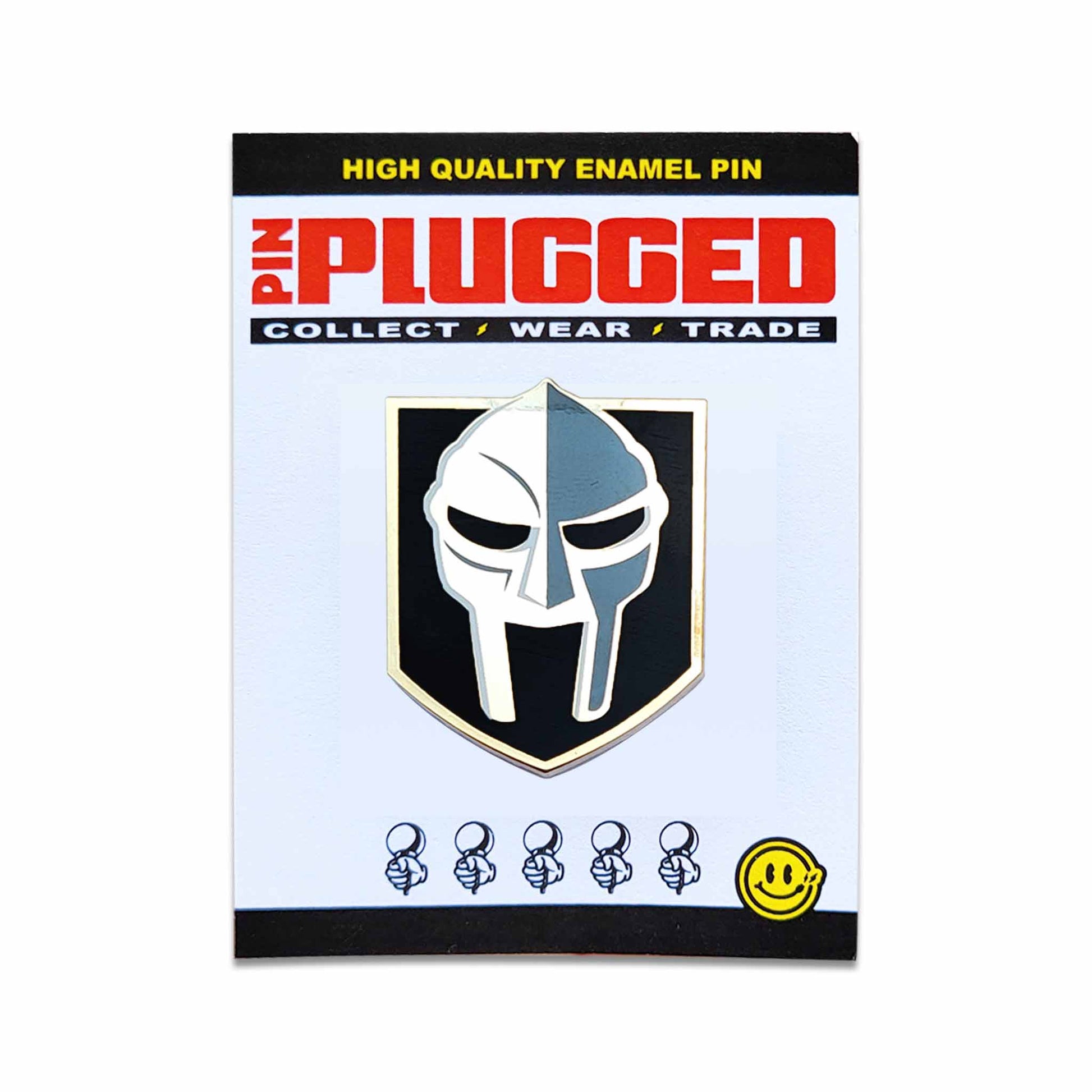 Carded gold and silver iron metal mask emblem pin