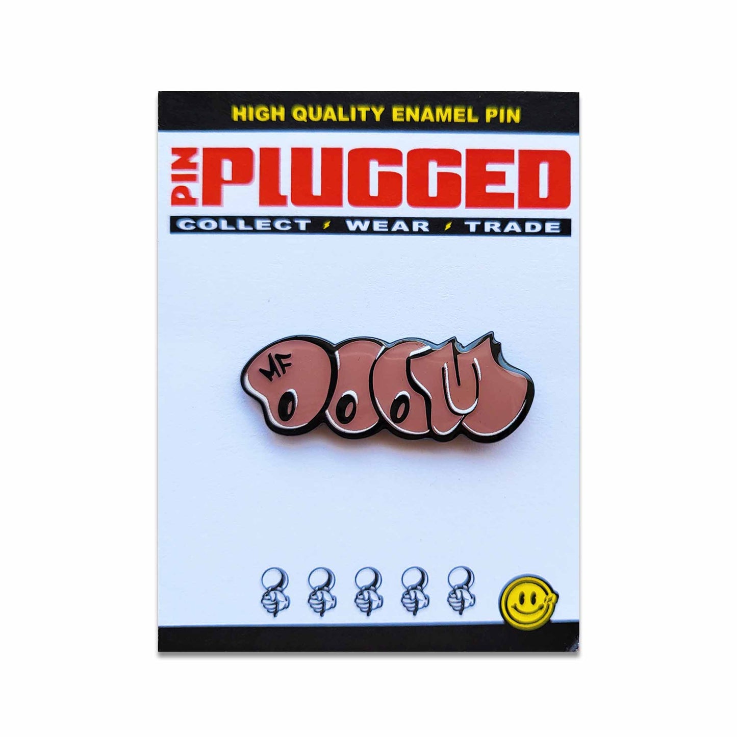 Carded pink and black graffiti throwie style MF DOOM pin