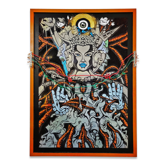 Orange, black and grey multi media framed canvas