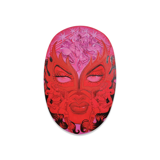 Red and pink painted luchador mask with details of women wrestling.
