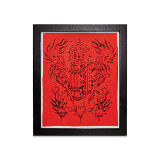 Framed red and black painting depicting a medieval iron maden with women guards holding firey staffs.