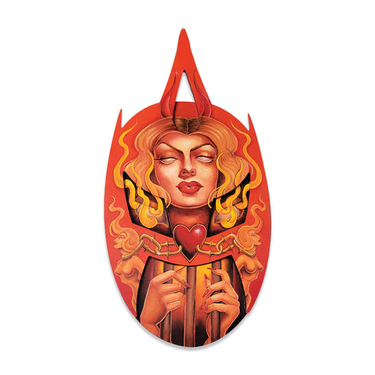 Decorative wall art with a stylized depiction of a woman with flames and a heart on a red background.