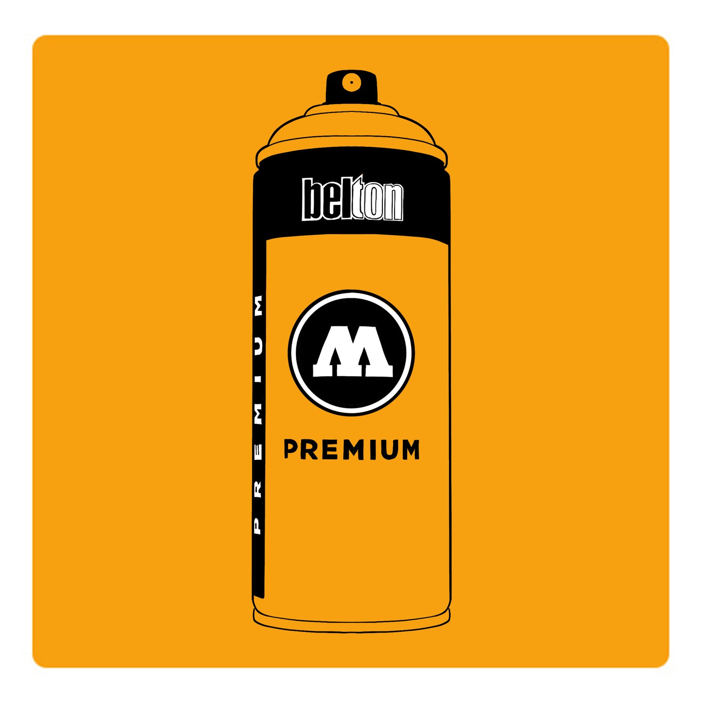A black outline drawing of a mango yellow spray paint can with the words "belton","premium" and the letter"M" written on the face in black and white font. The background is a color swatch of the same mango yellow with a white border.