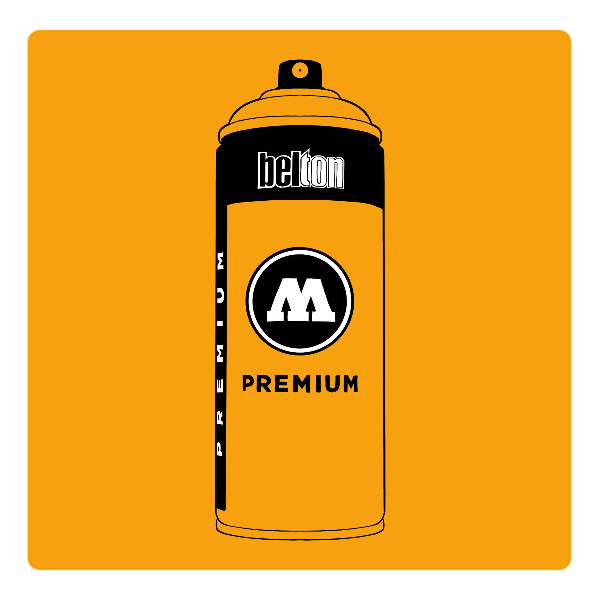 A black outline drawing of a mango yellow spray paint can with the words "belton","premium" and the letter"M" written on the face in black and white font. The background is a color swatch of the same mango yellow with a white border.
