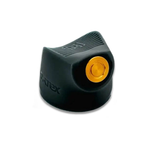 Black aerosol nozzle with a metallic output with the word 'Vortex' embossed on the side.