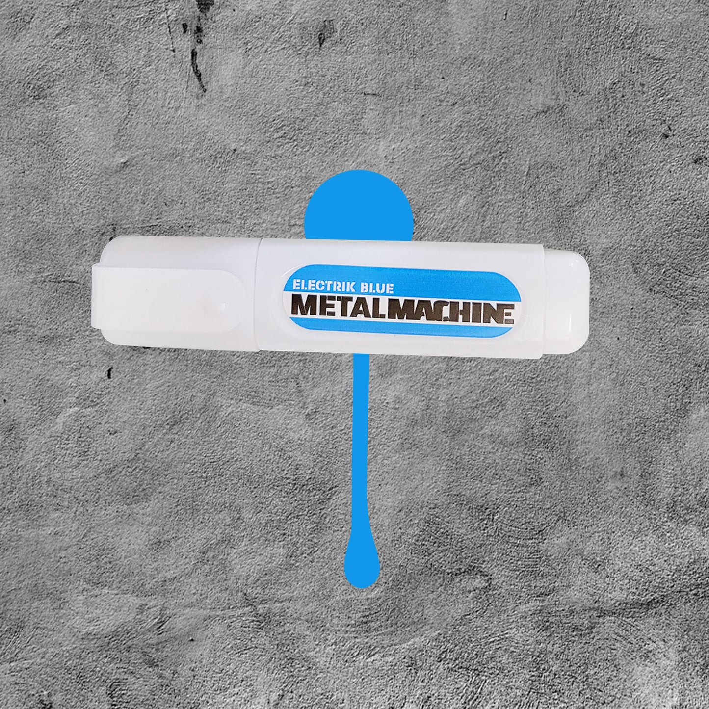 White marker with bright blue label and a bright bright blue swatch in the back ground.