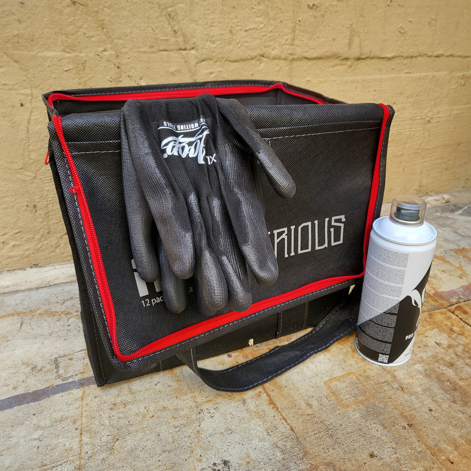 Mr. Serious and Loop spray paint graffiti painting gloves.