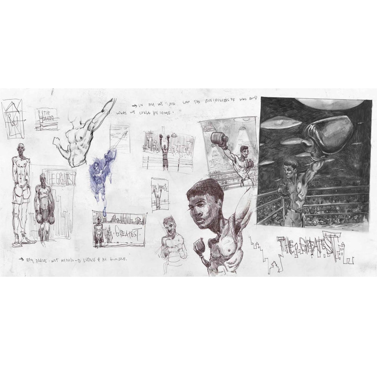 A book spread scan of sketch studies of Muhammad Ali