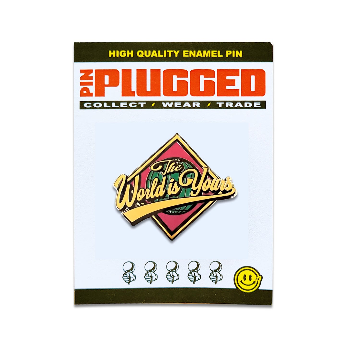 Enamel pin packaging with 'Plugged' branding and a colorful wolrd series and NAS design.