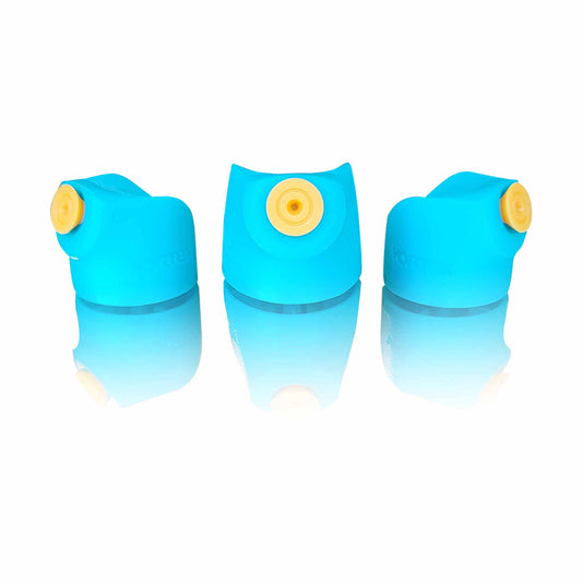 Three blue and yellow Vortex caps on a white background