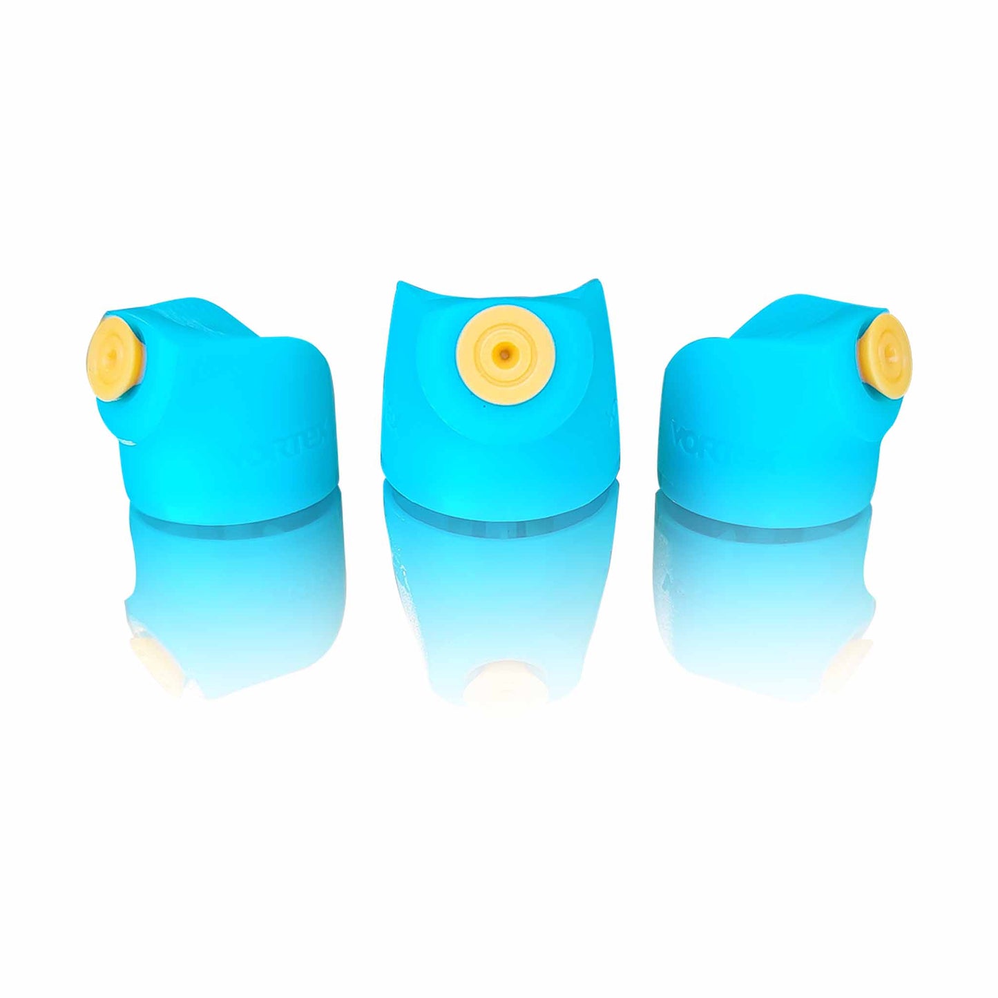 Three blue and yellow Vortex caps on a white background