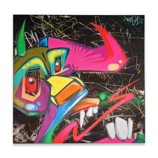 Colorful abstract artwork with a stylized face on a black background