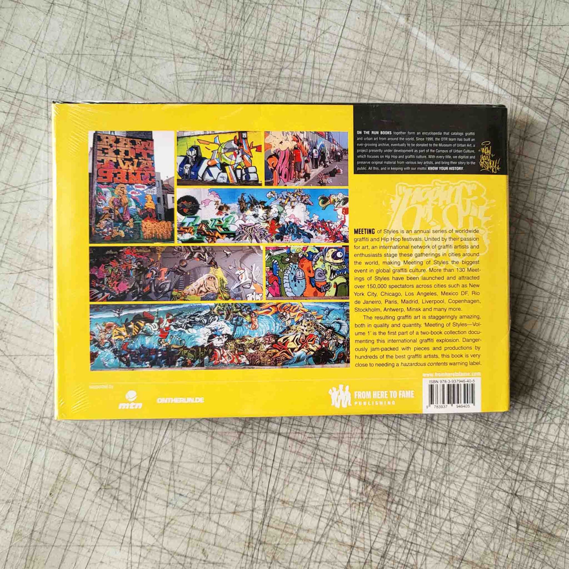 Back cover of a book with colorful graffiti graphic designs on a textured surface