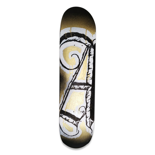 Painted skateboard deck of a calligraphy letter A
