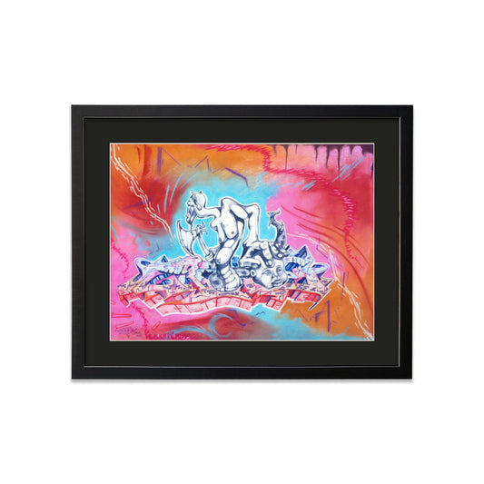 Colorful graffiti style abstract art; displays a character moving amongst graffiti letters.