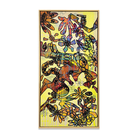 Abstract artwork with colorful floral patterns on a yellow background.