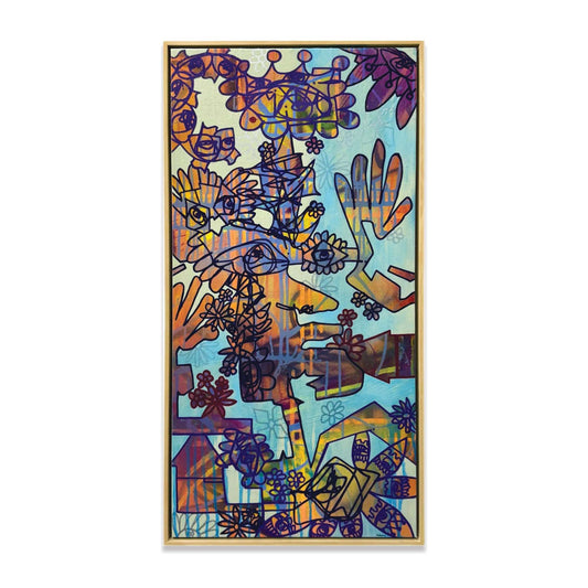 Colorful abstract painted canvas with wooden frame.