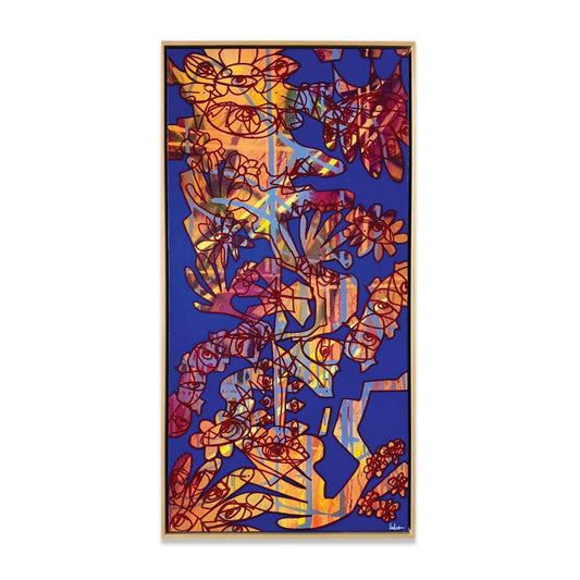 Colorful abstract graffiti style artwork with a blue background and wooden frame.