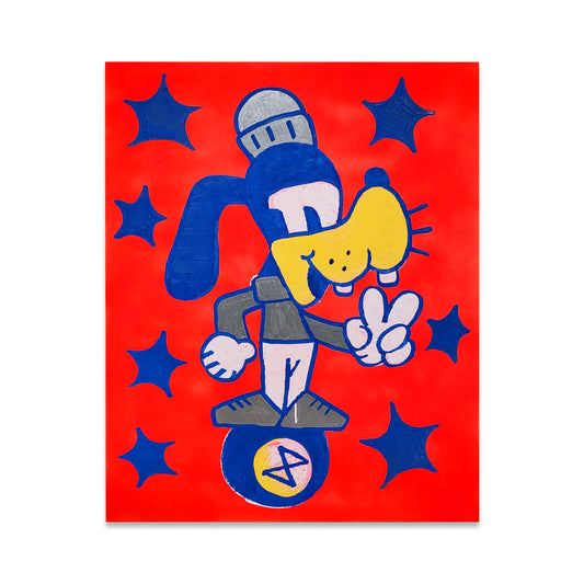 Bright neon red painted canvas with blue stars and a cartoon style dog standing on a ball.