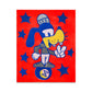 Bright neon red painted canvas with blue stars and a cartoon style dog standing on a ball.