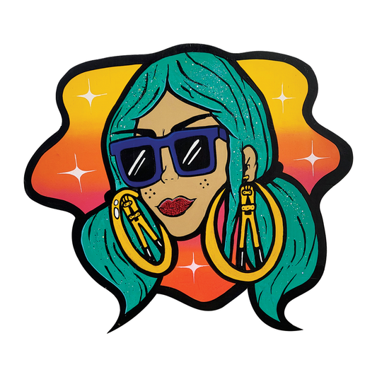 Wood cutout displaying a lady character with boltcutter earings and sunglasses.