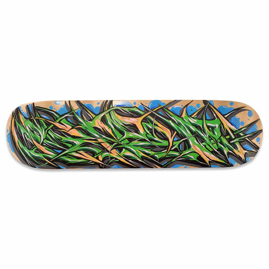 A wildstyle graffiti style painting on a skateboard deck.
