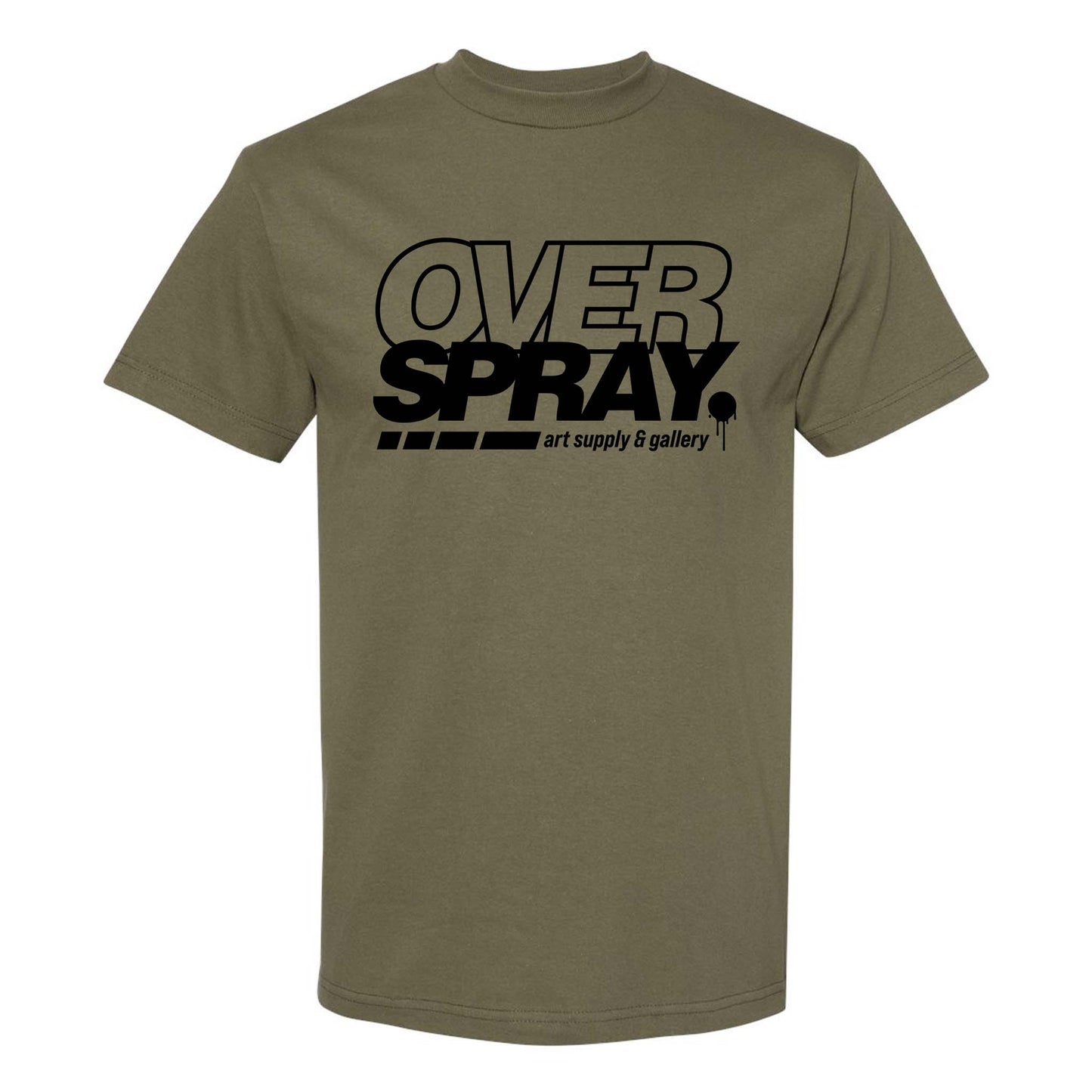Olive green t-shirt with 'OVER SPRAY' text on a white background.