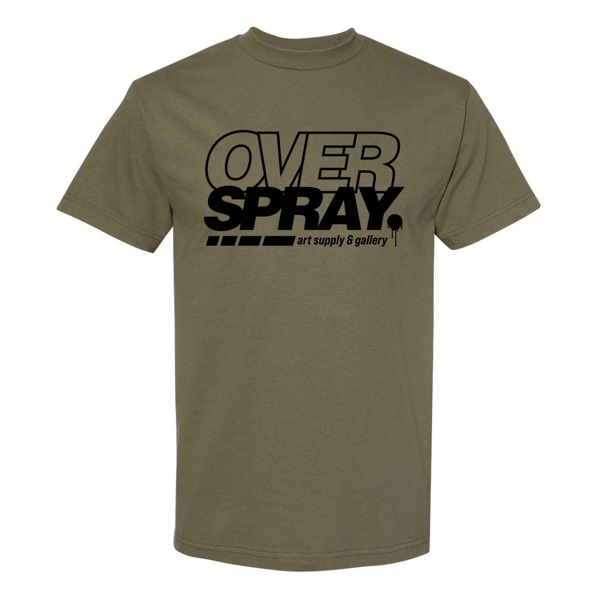 Olive green t-shirt with 'OVER SPRAY' text on a white background.