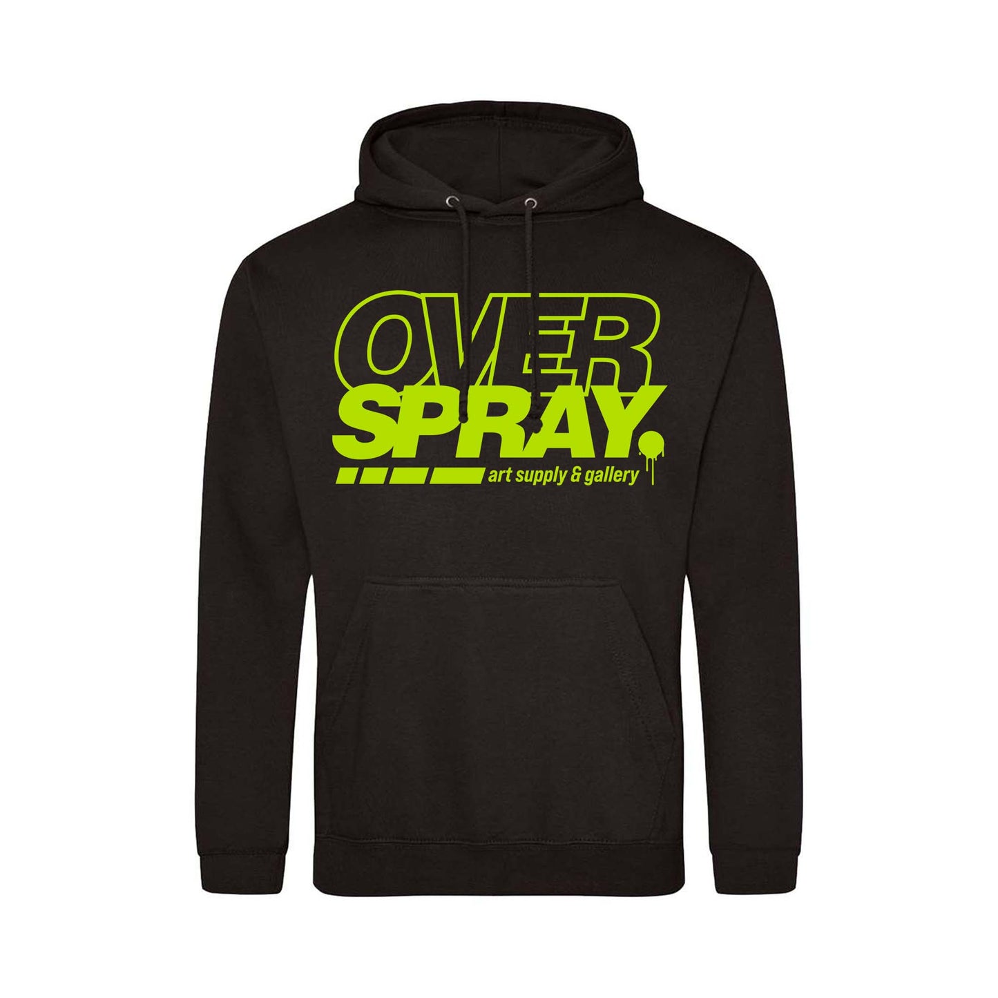 Black hoodie with 'OVER SPRAY' text in yellow on a white background.
