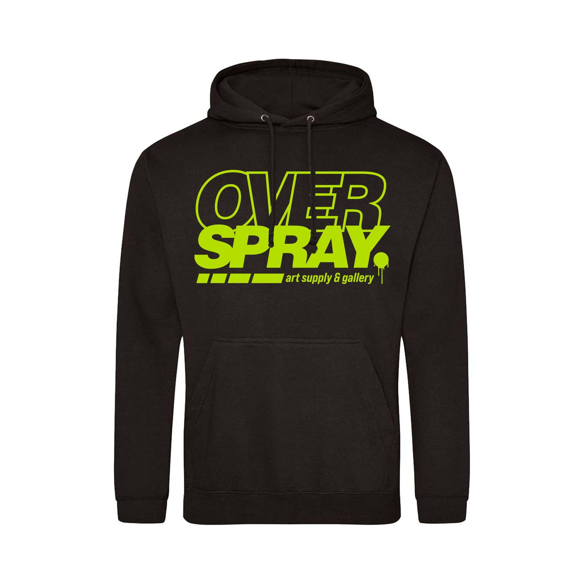 Black hoodie with 'OVER SPRAY' text in yellow on a white background.