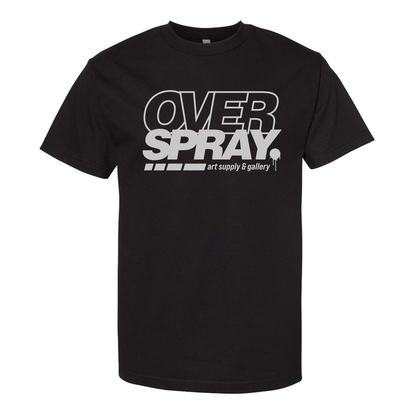 Black t-shirt with 'OVER SPRAY' text on a white background.