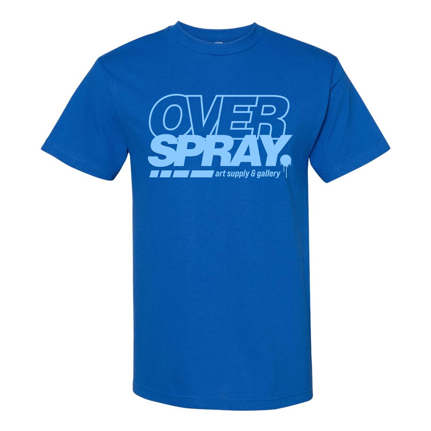 Blue t-shirt with 'OVER SPRAY' text on a white background.
