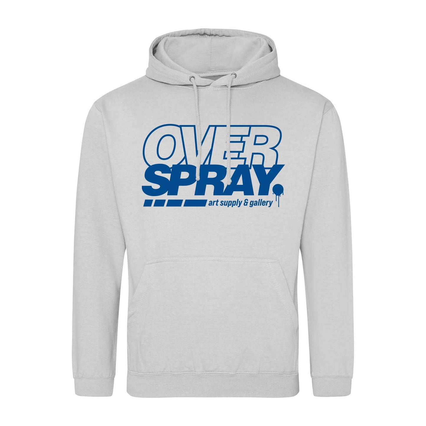 Gray hoodie with blue text 'OVER SPRAY' on a white background.