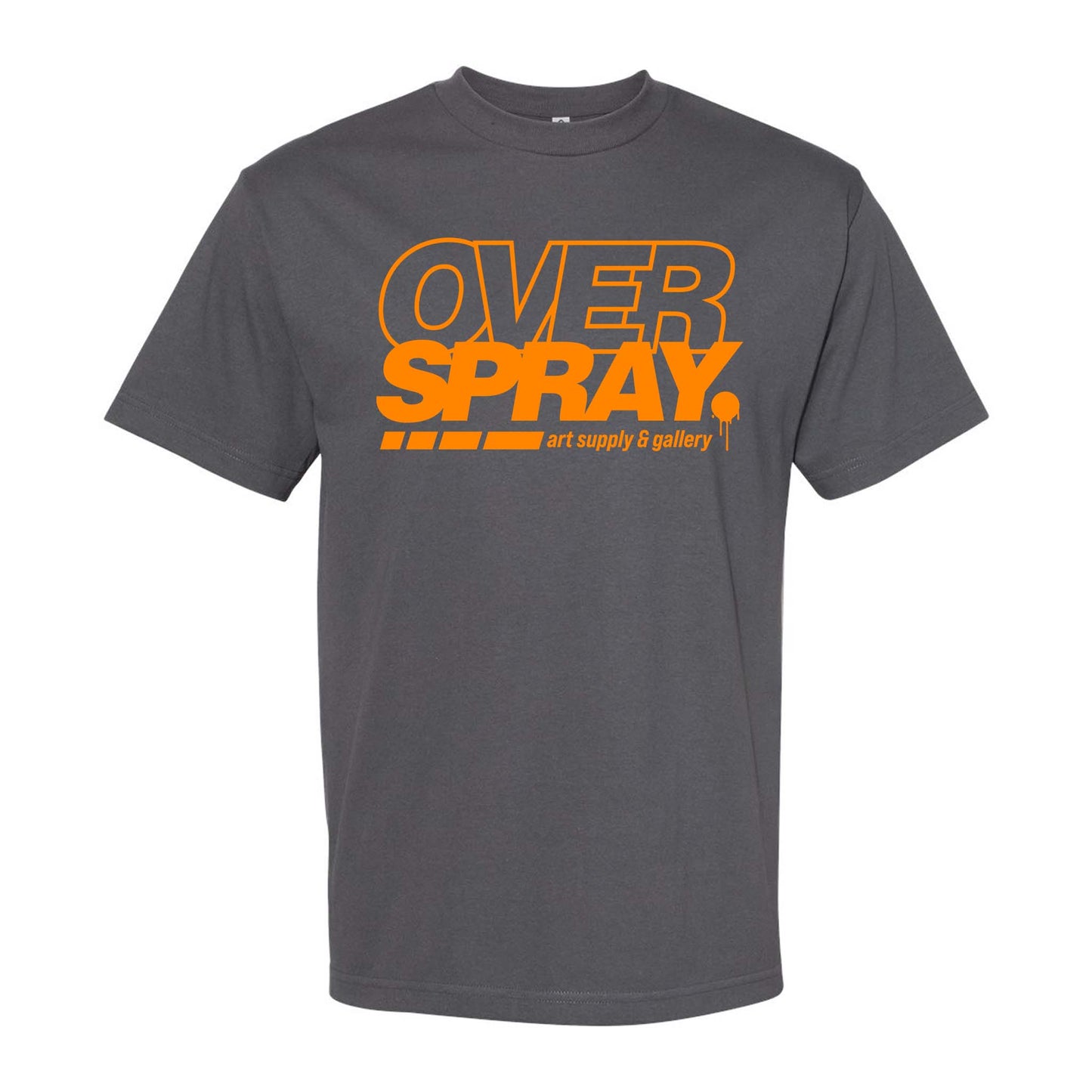 Gray t-shirt with orange "OVER SPRAY pomona california text on a white background.