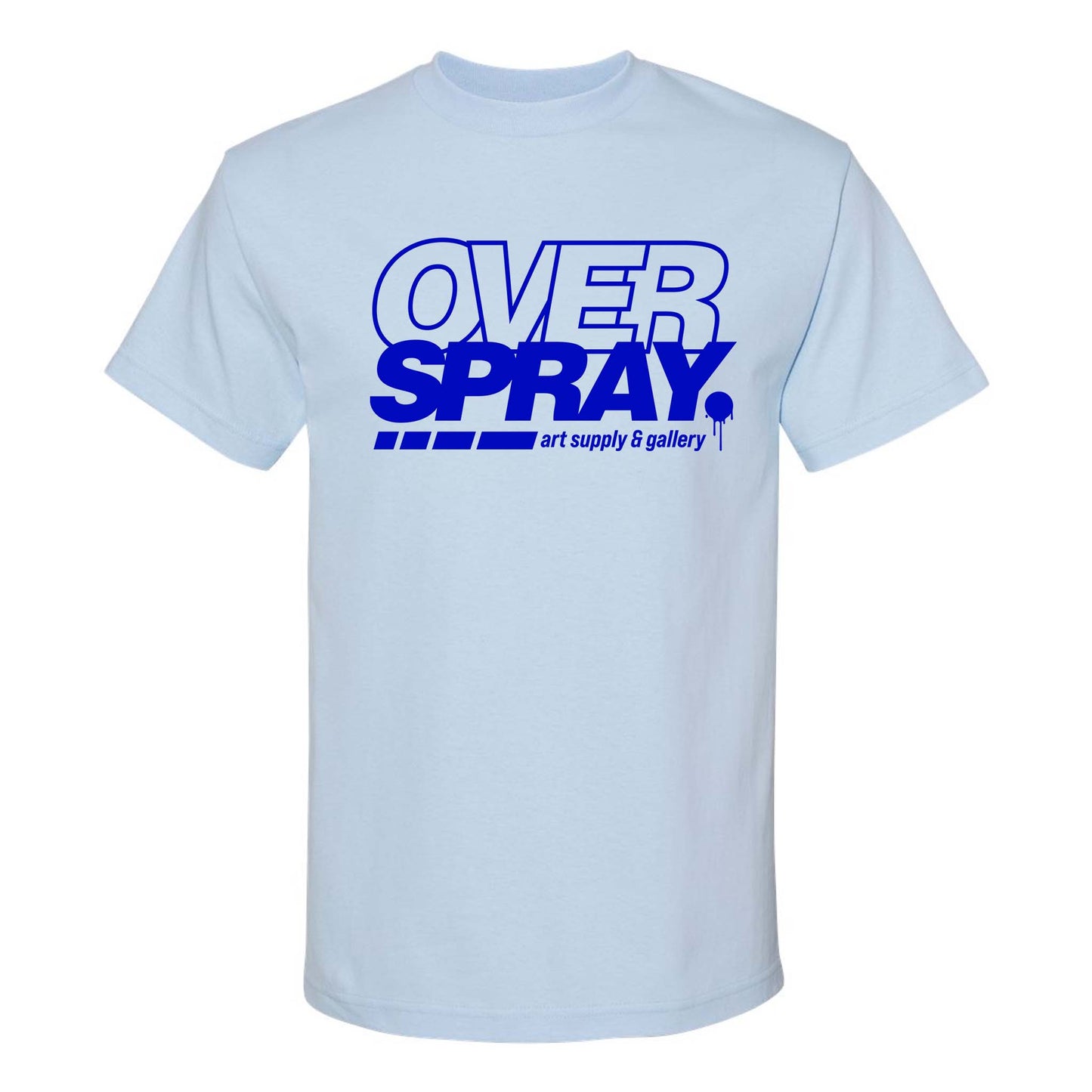 Light blue t-shirt with 'OVER SPRAY Pomona California' text on a white background.