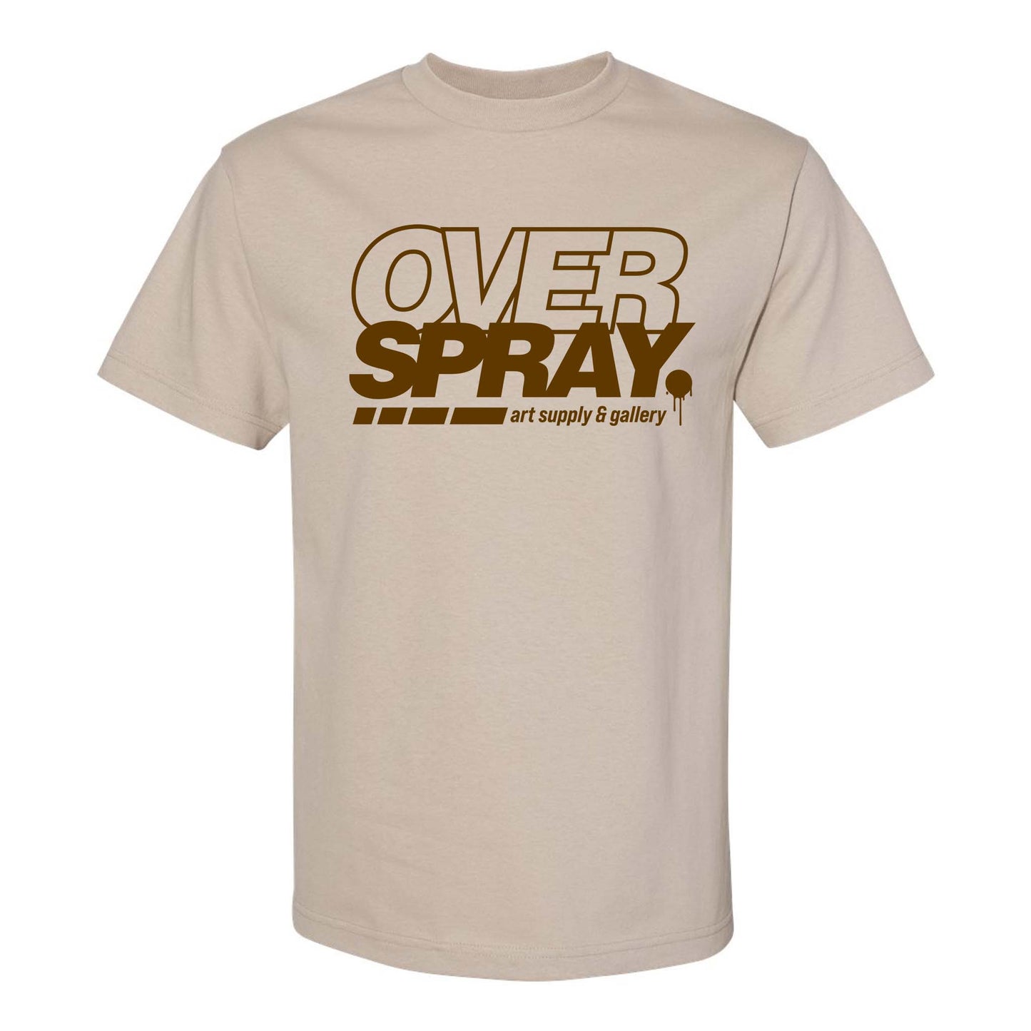 Beige t-shirt with 'OVER SPRAY' logo on a white background.
