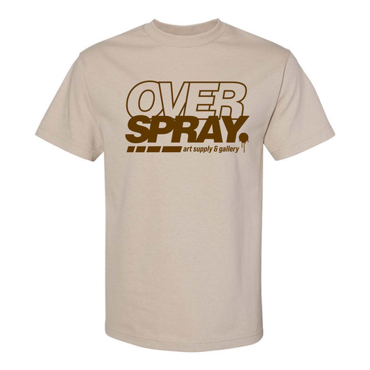 Beige t-shirt with 'OVER SPRAY' logo on a white background.