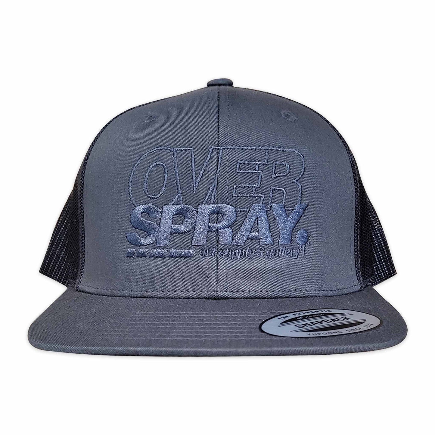Gray cap with 'OVER SPRAY' text on a white background.