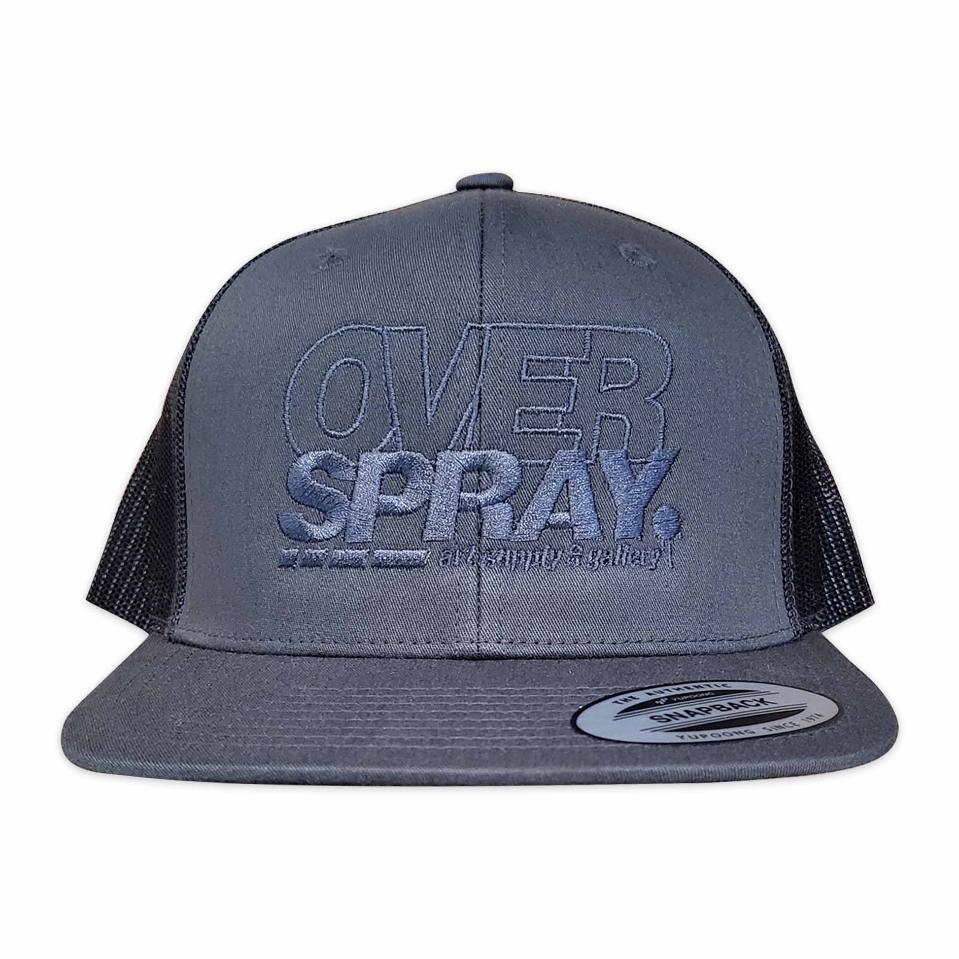 Gray cap with 'OVER SPRAY' text on a white background.