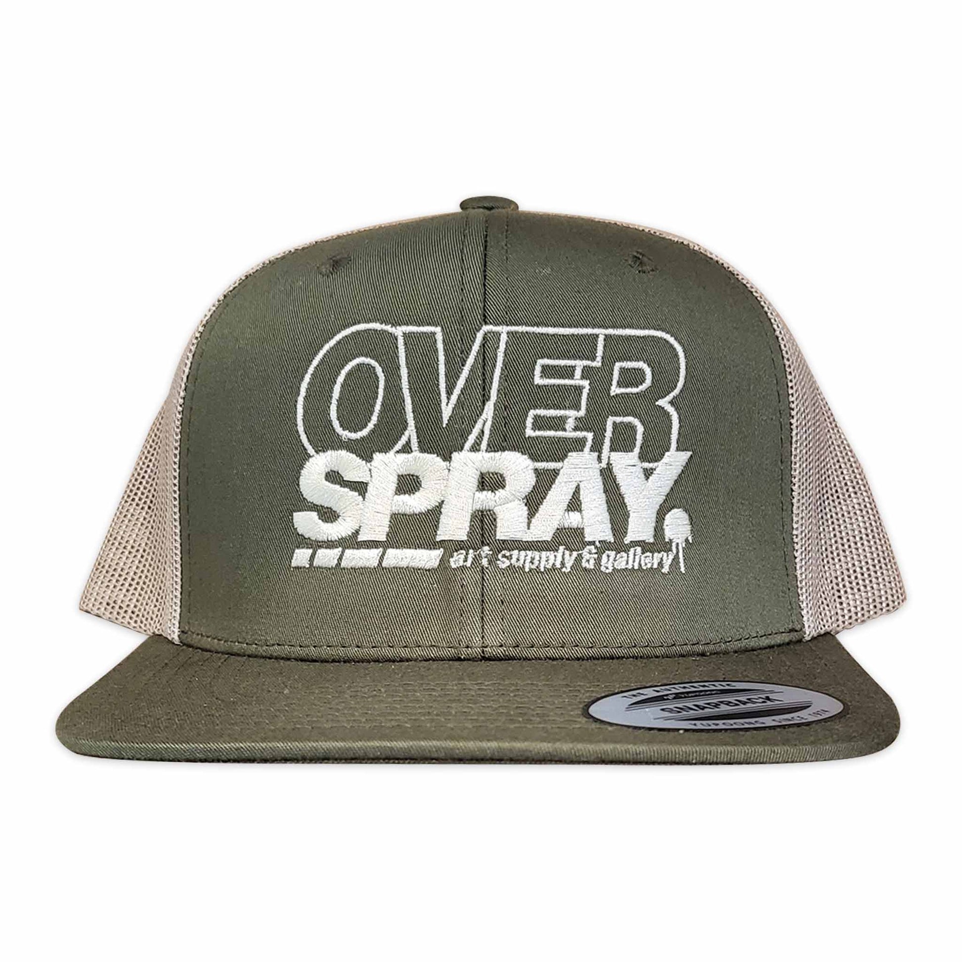 Green and beige cap with 'Over Spray' text on a white background.