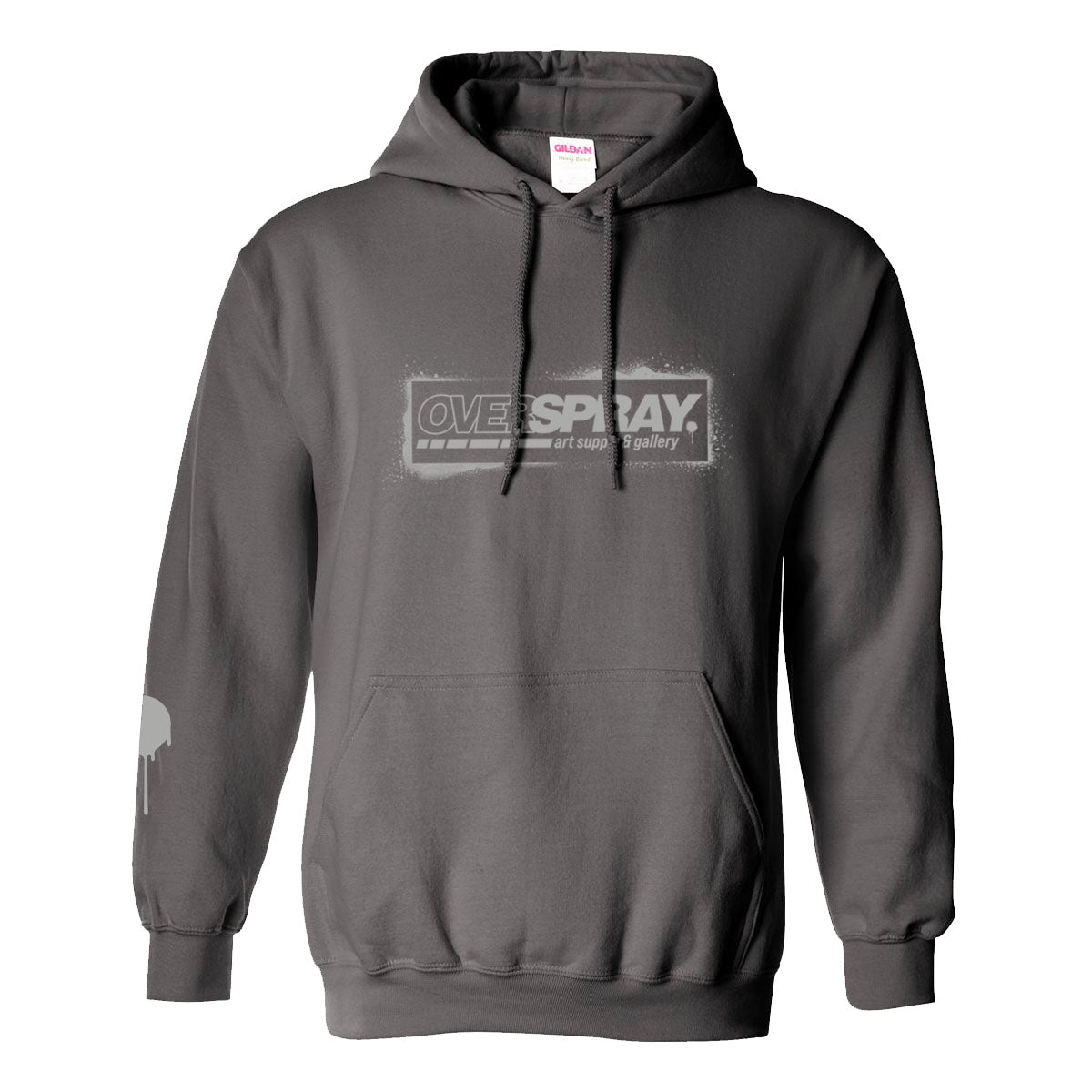 Locally printed overspray art supply brand pomona California, charcoal grey pull over hoodie.