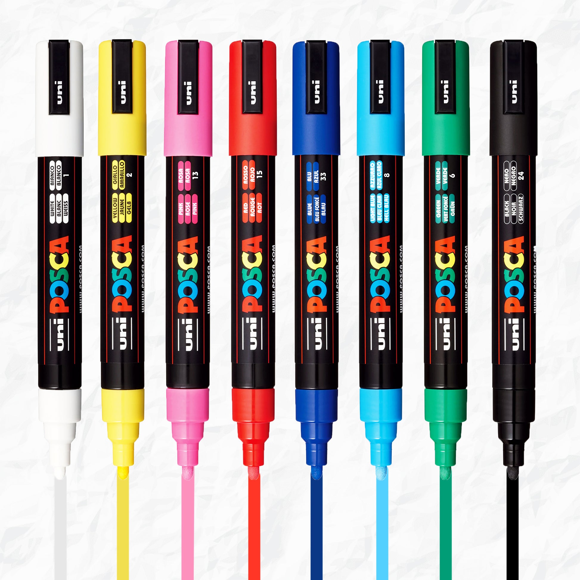 POSCA water-based art paint markers, size 5M medium round,  eight piece pack in primary colors.