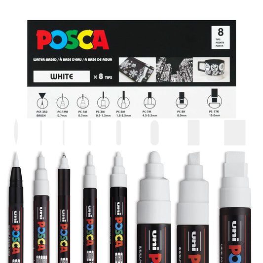 POSCA water-based art paint markers all white set with 8 sizes.