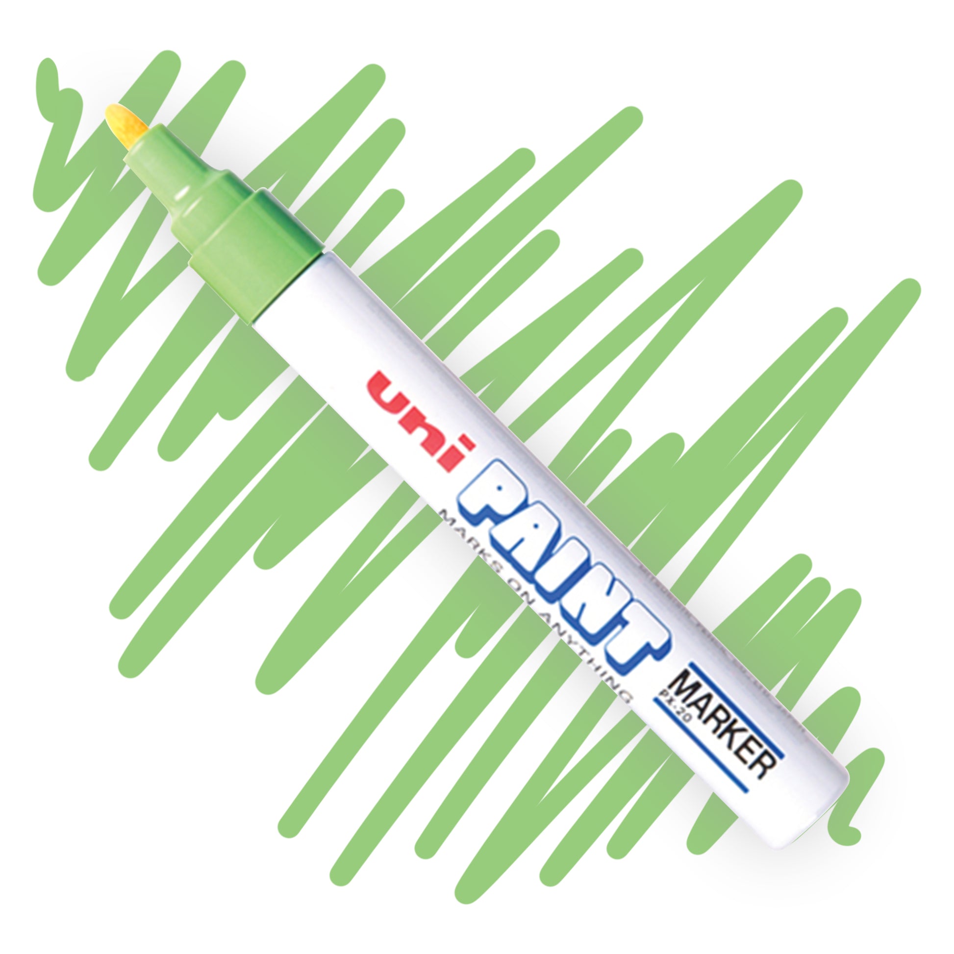 A white marker angled diagonally, the tip of the marker and the nib are colored light green. On the marker body the label reads "Uni PAINT Maker". Behind the marker is a color swatch of a squiggly line in light green.